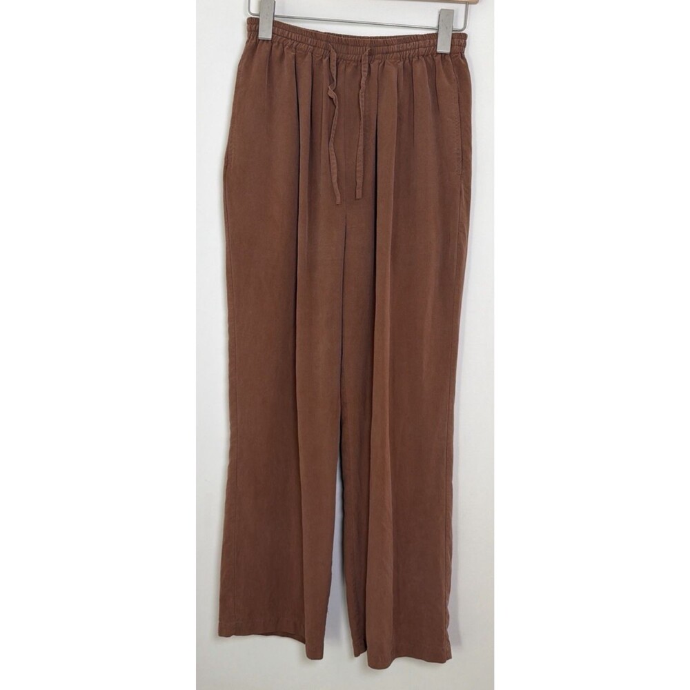 Vintage Terracotta Brown 100% Silk M Straight Leg Pants Elastic Waist Pockets - Picture 2 of 11
